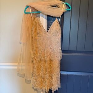 Elegant Beaded Dress with Scarf